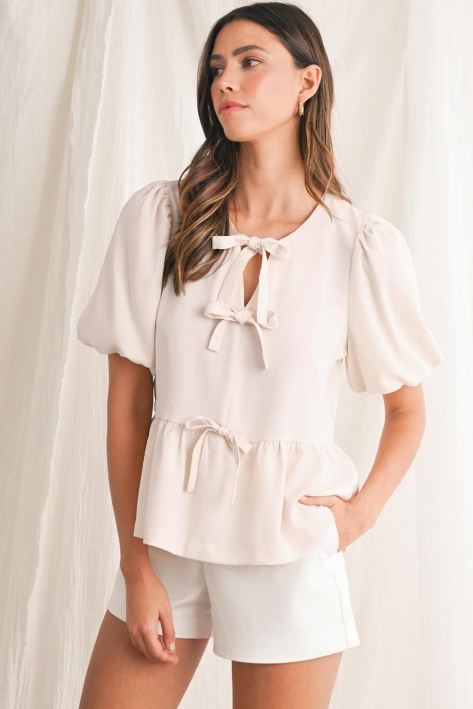 Blouses | White Sweet Bowknot Puff Sleeve Peplum Blouse - Women