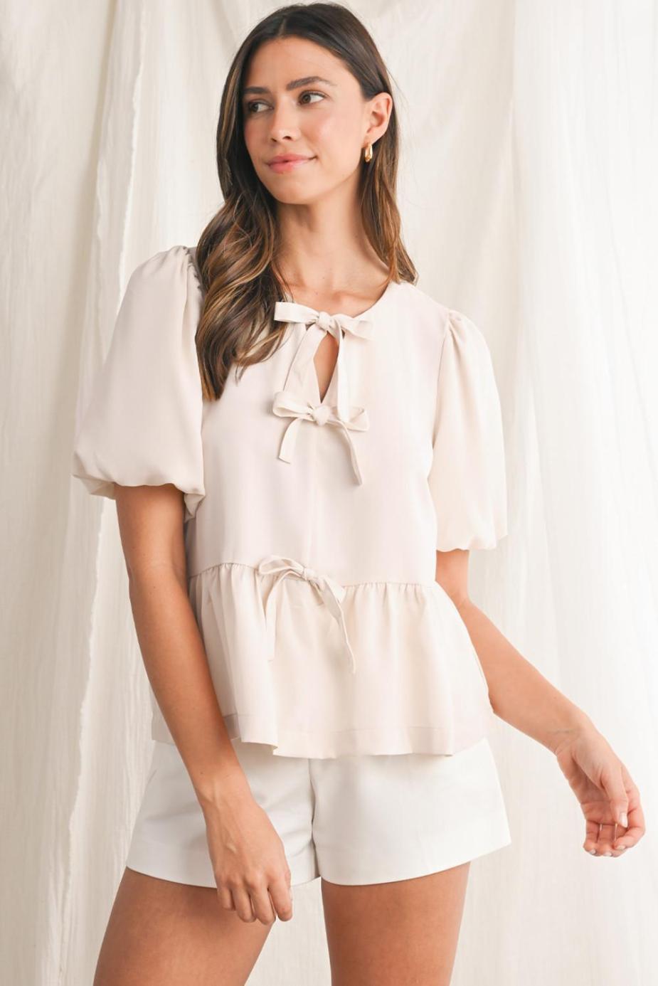 Blouses | White Sweet Bowknot Puff Sleeve Peplum Blouse - Women