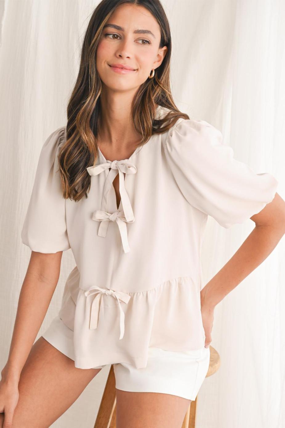 Blouses | White Sweet Bowknot Puff Sleeve Peplum Blouse - Women