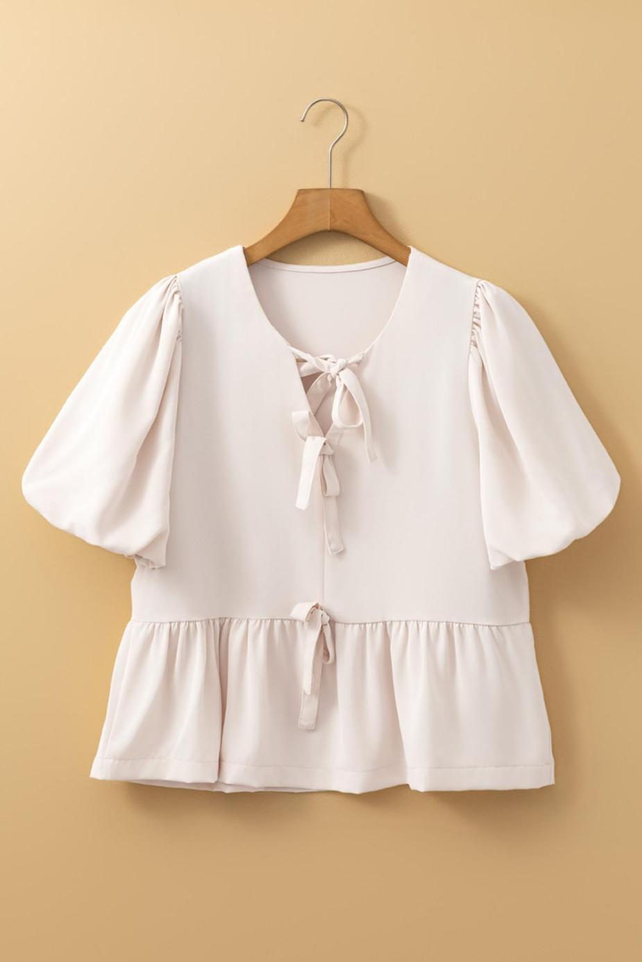 Blouses | White Sweet Bowknot Puff Sleeve Peplum Blouse - Women