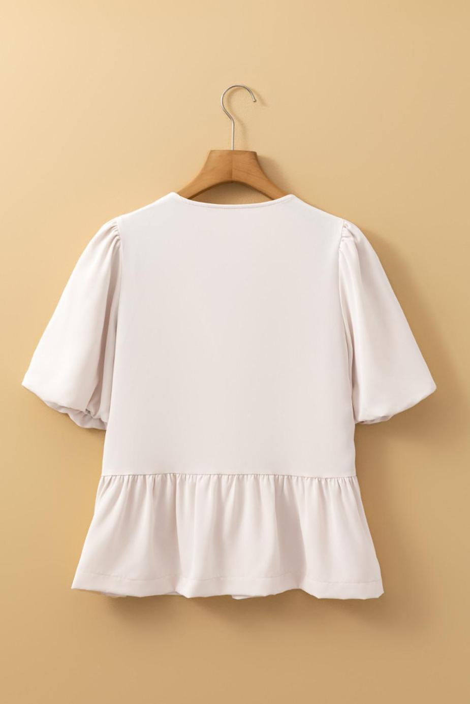 Blouses | White Sweet Bowknot Puff Sleeve Peplum Blouse - Women