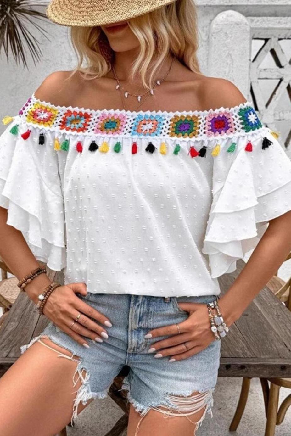 Blouses | White Tassel Crochet Floral Off Shoulder Ruffle Sleeve Top - Women