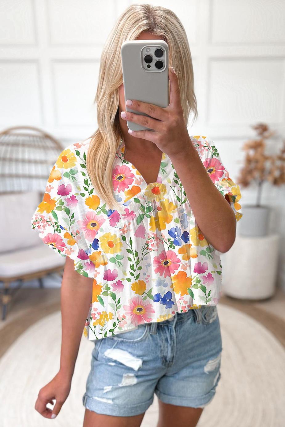 Blouses | Yellow Allover Floral Print Boxy Fit V Neck Blouse - Women