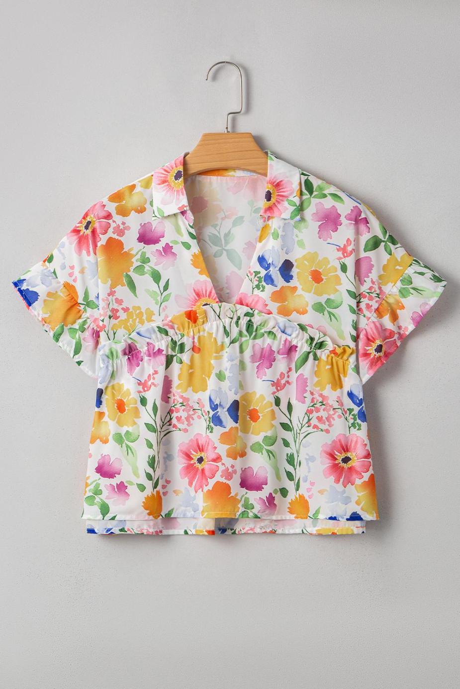 Blouses | Yellow Allover Floral Print Boxy Fit V Neck Blouse - Women