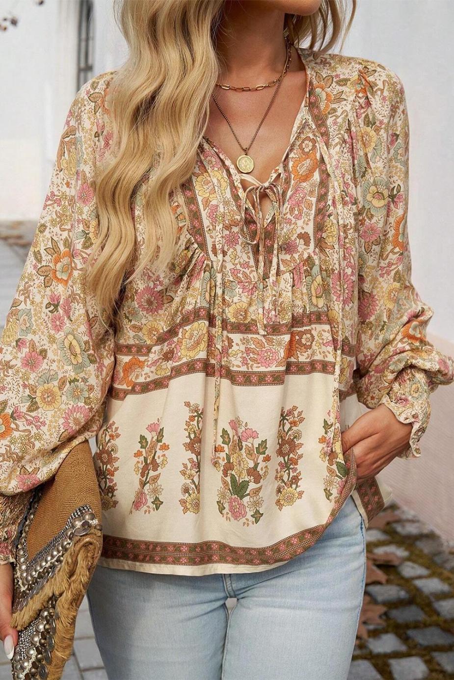 Blouses | Yellow Floral Print Tie Neck Lantern Sleeve Blouse - Women