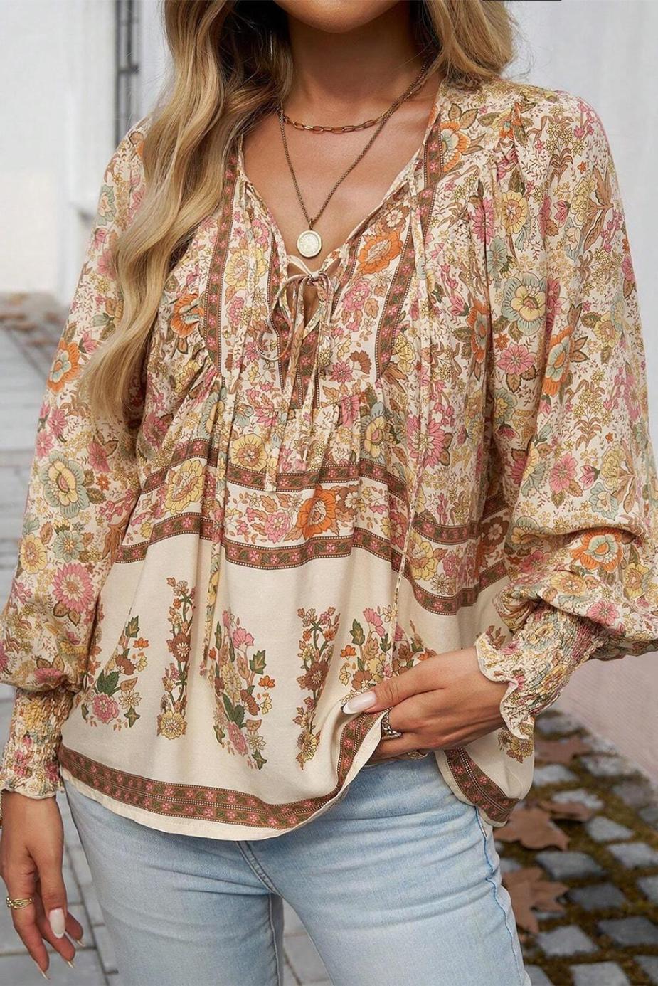 Blouses | Yellow Floral Print Tie Neck Lantern Sleeve Blouse - Women