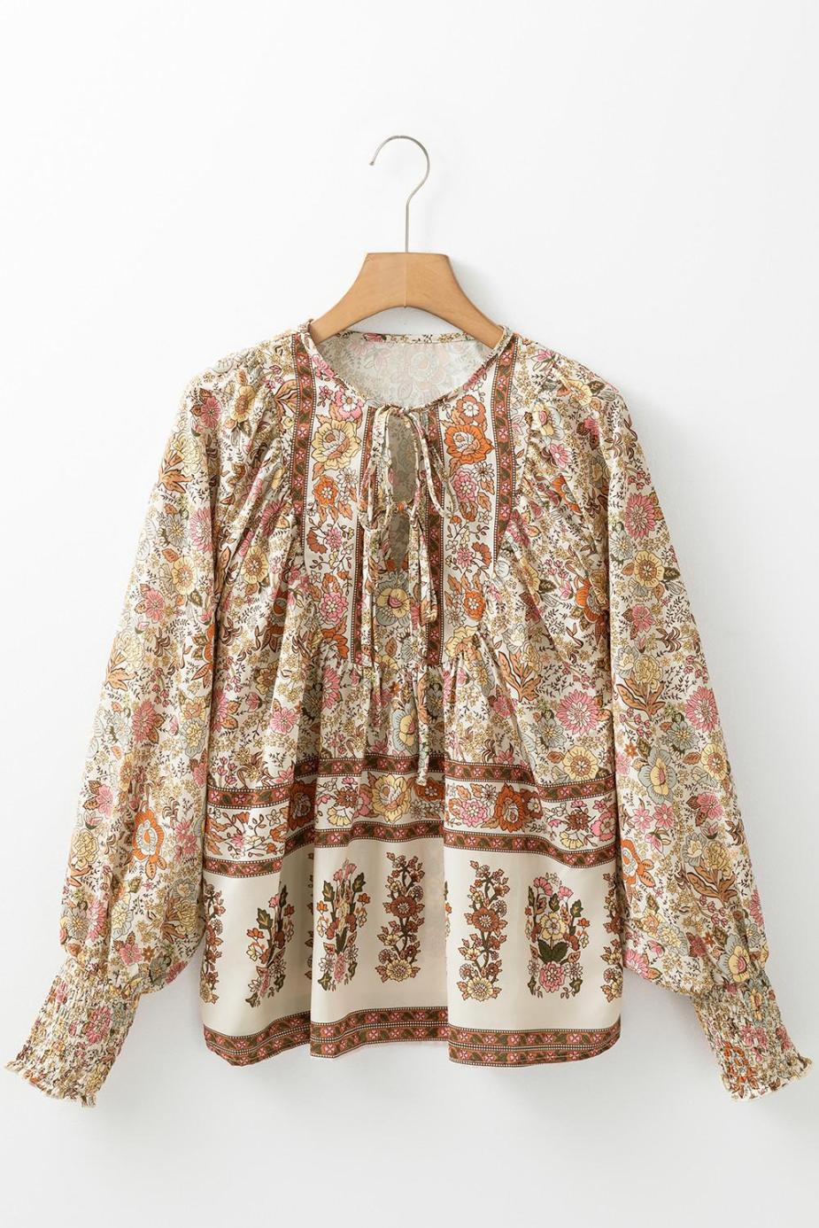 Blouses | Yellow Floral Print Tie Neck Lantern Sleeve Blouse - Women