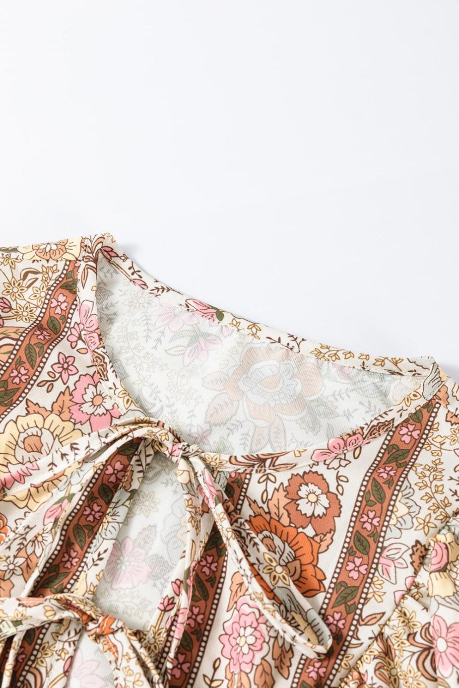 Blouses | Yellow Floral Print Tie Neck Lantern Sleeve Blouse - Women