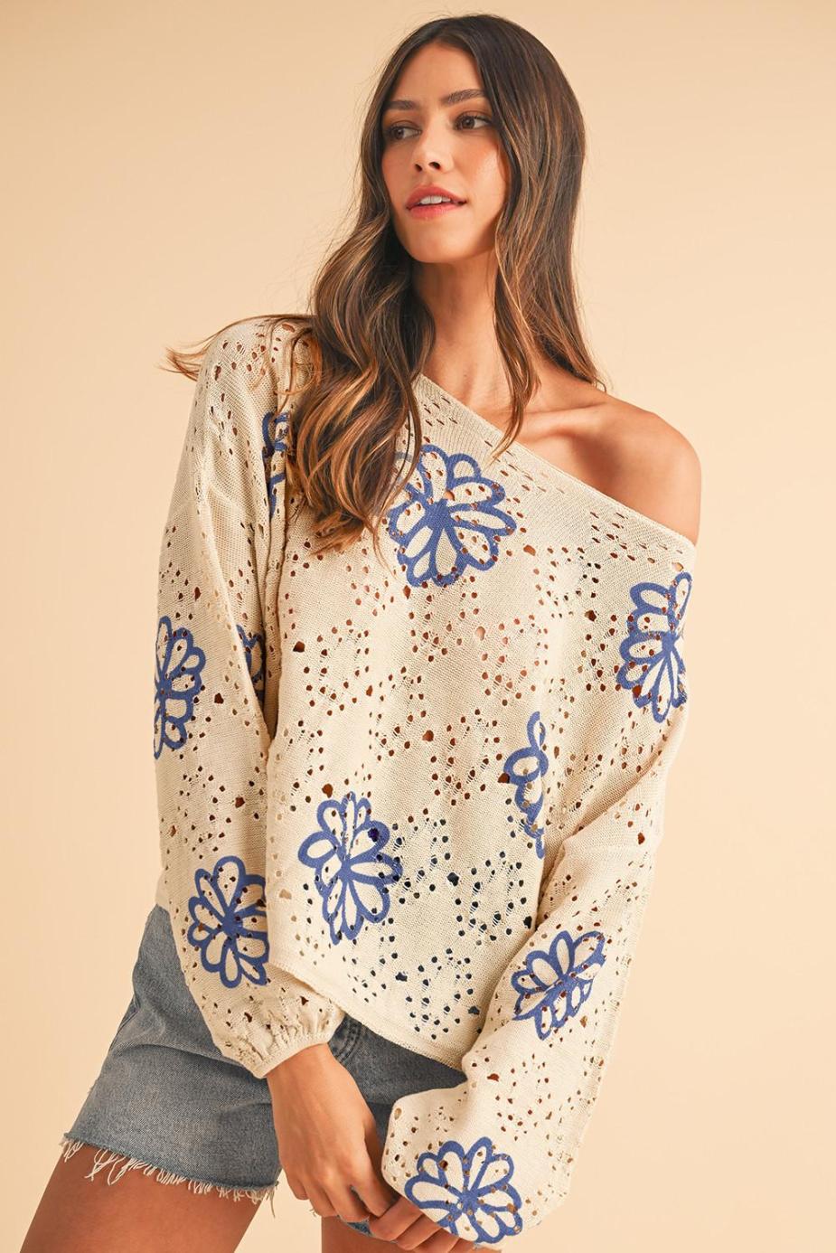Knit Tops | Beige Flower Print Drop Shoulder Hollow Knit Sweater - Women