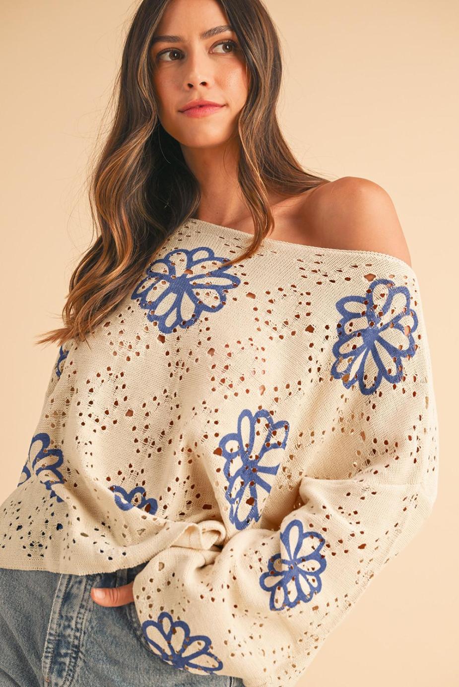 Knit Tops | Beige Flower Print Drop Shoulder Hollow Knit Sweater - Women
