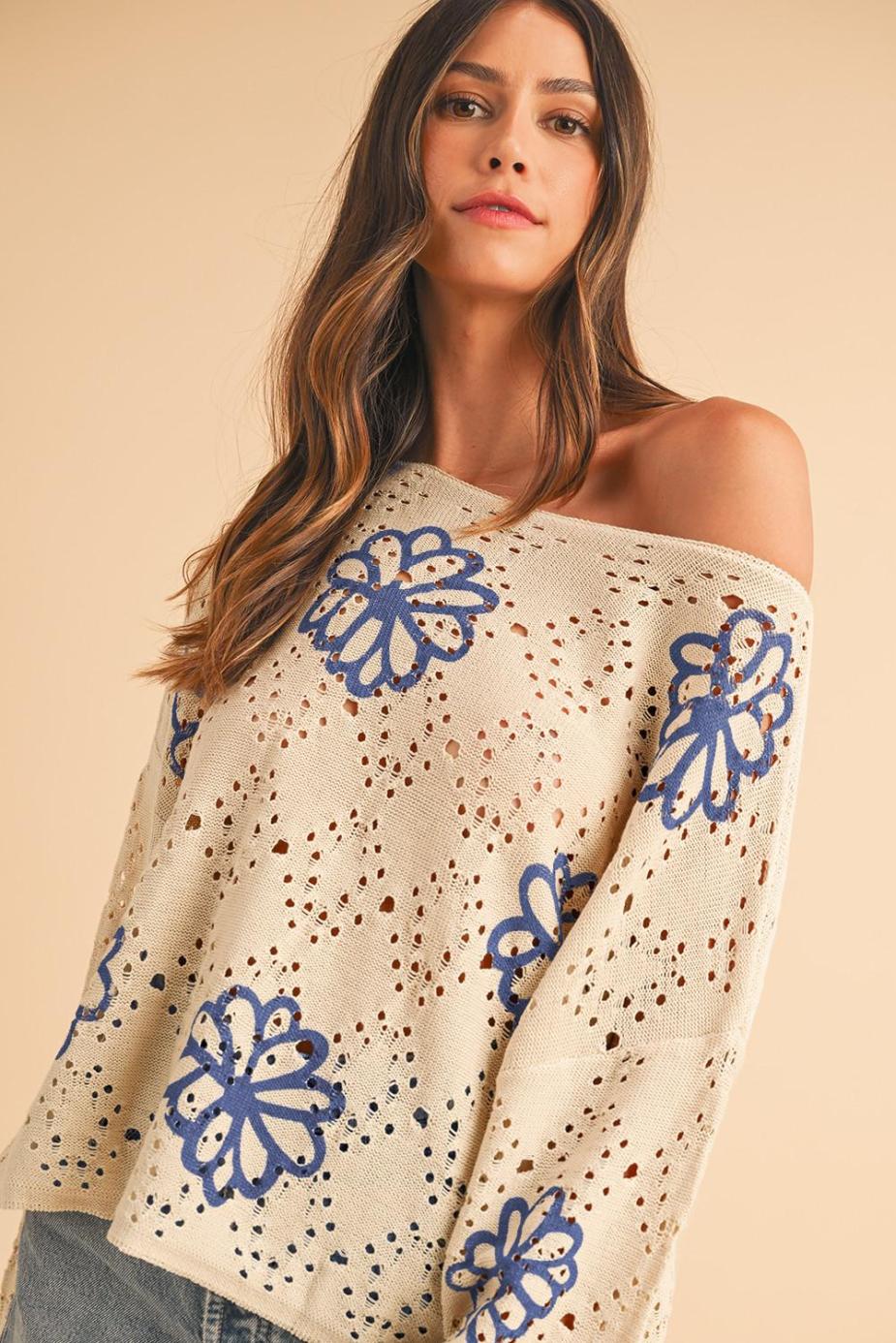 Knit Tops | Beige Flower Print Drop Shoulder Hollow Knit Sweater - Women