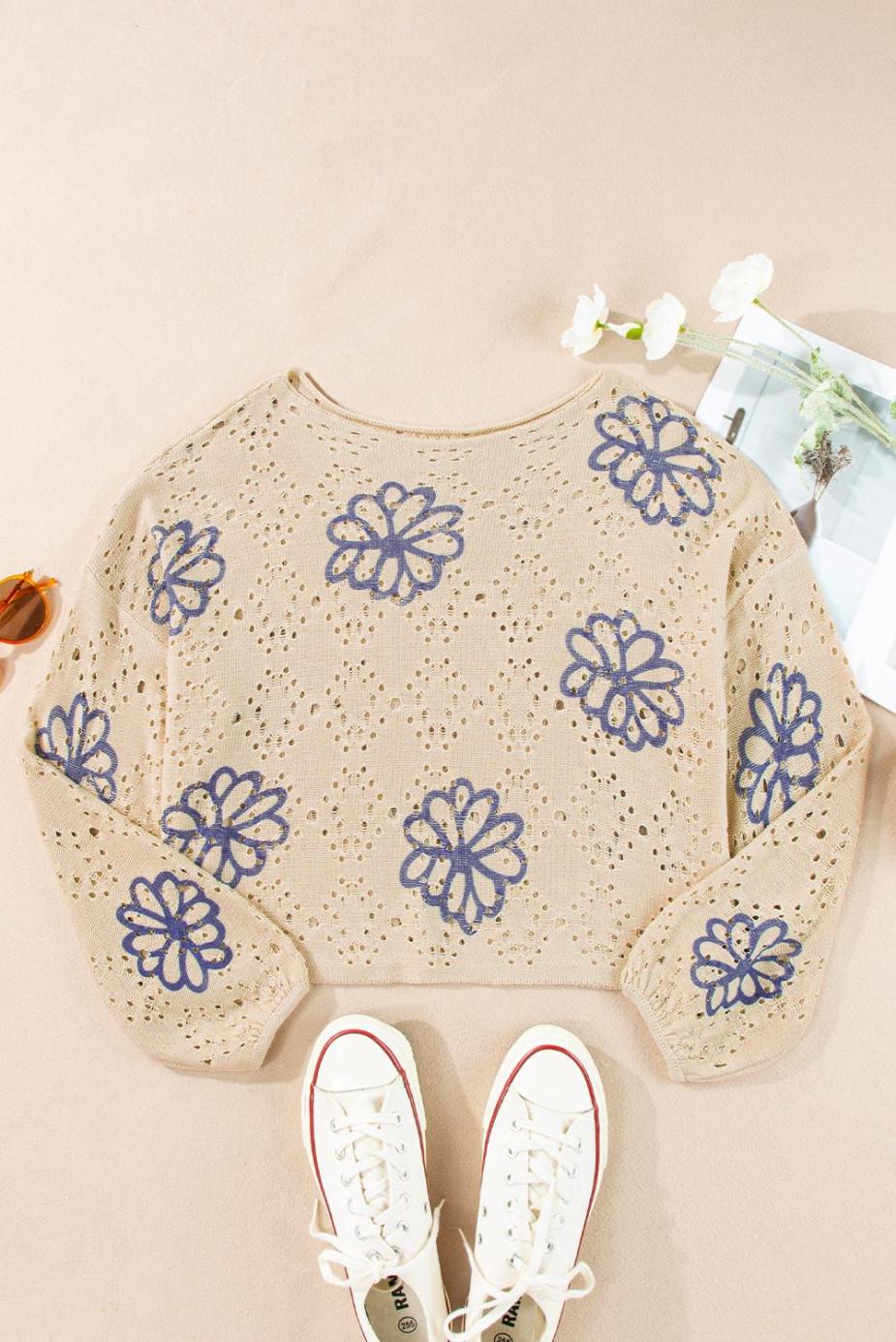Knit Tops | Beige Flower Print Drop Shoulder Hollow Knit Sweater - Women