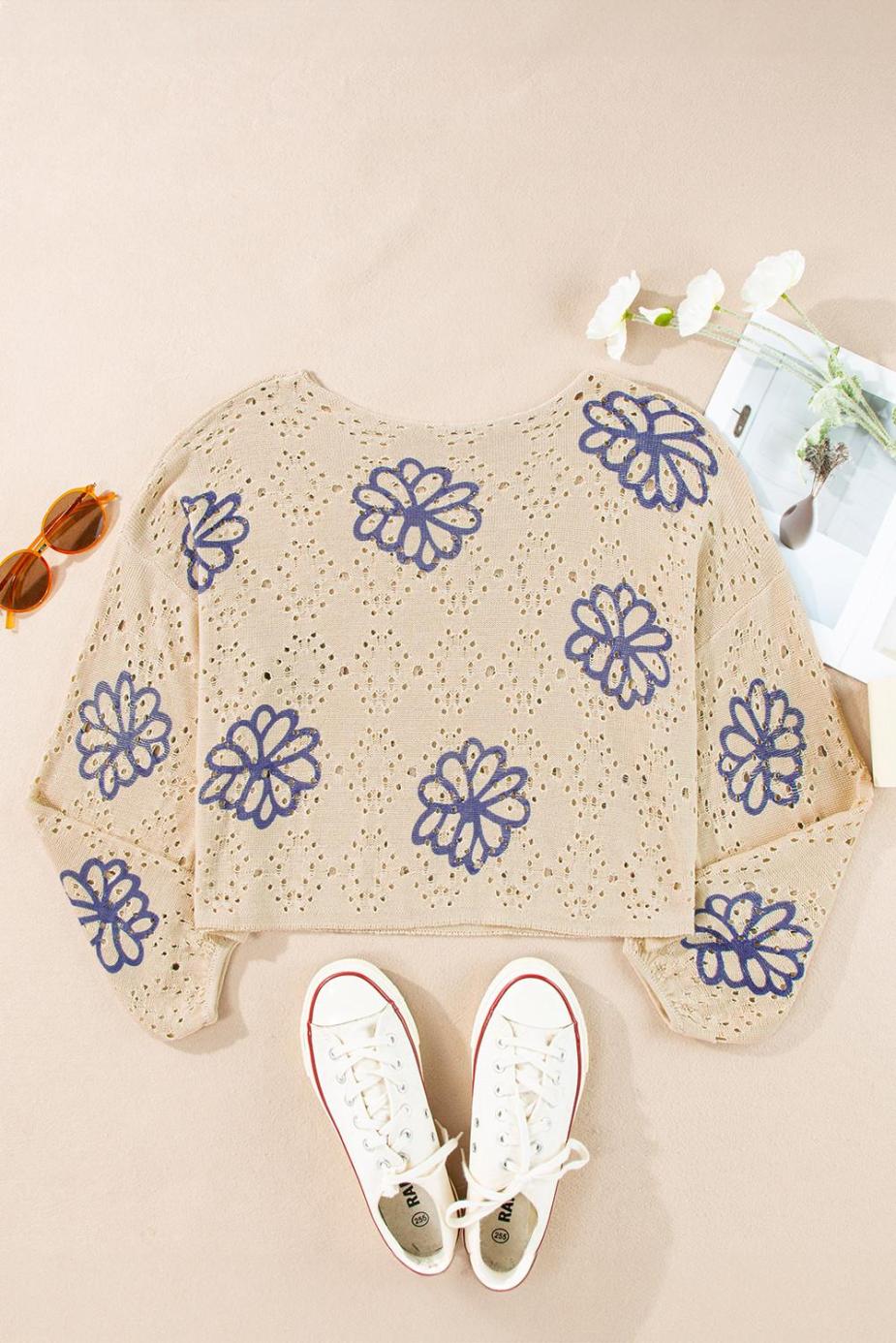 Knit Tops | Beige Flower Print Drop Shoulder Hollow Knit Sweater - Women