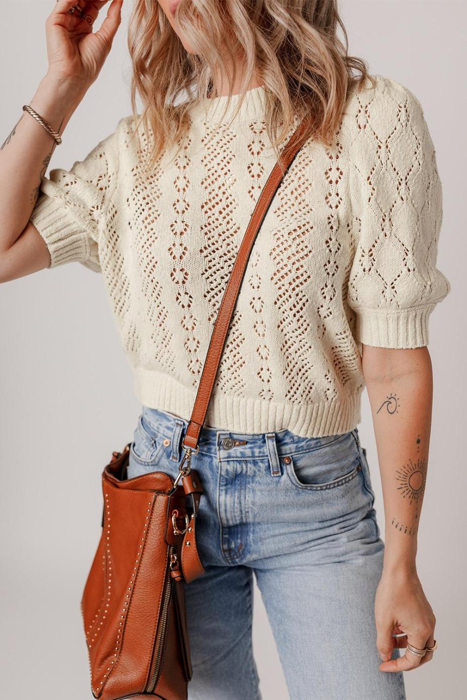 Knit Tops | Beige Hollowed Knit Plain Puff Sleeve Top - Women