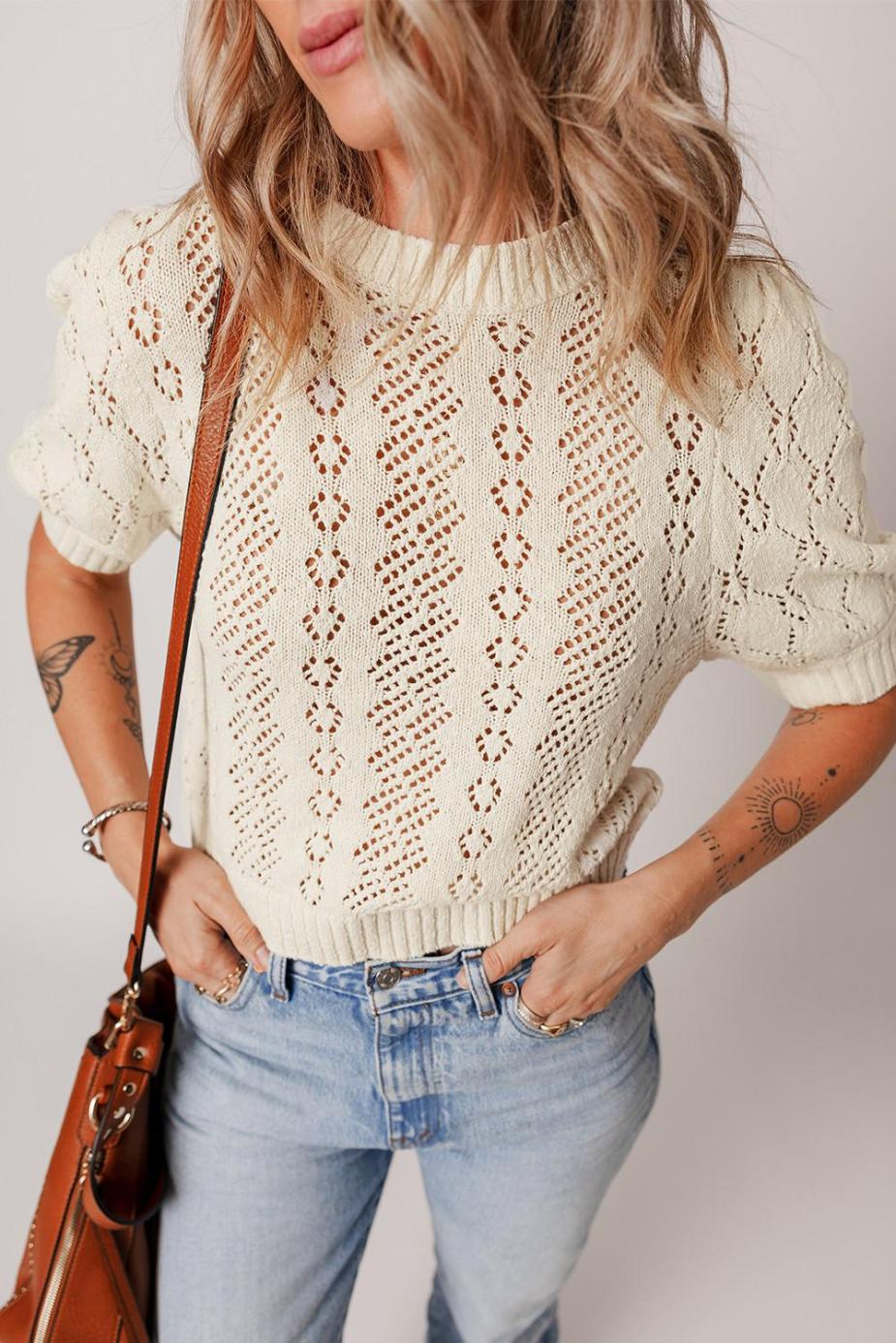 Knit Tops | Beige Hollowed Knit Plain Puff Sleeve Top - Women