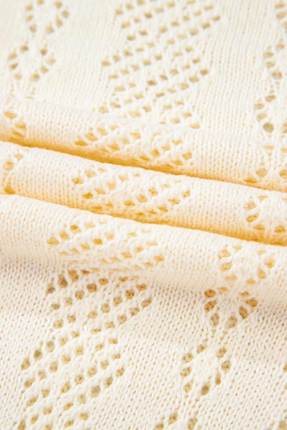 Knit Tops | Beige Hollowed Knit Plain Puff Sleeve Top - Women