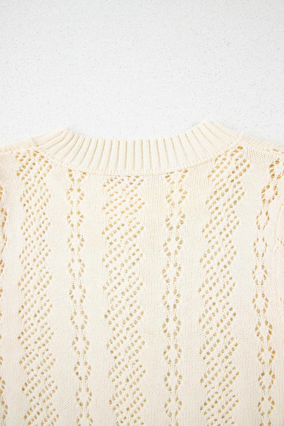 Knit Tops | Beige Hollowed Knit Plain Puff Sleeve Top - Women