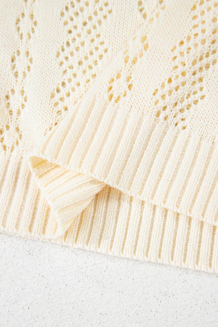 Knit Tops | Beige Hollowed Knit Plain Puff Sleeve Top - Women