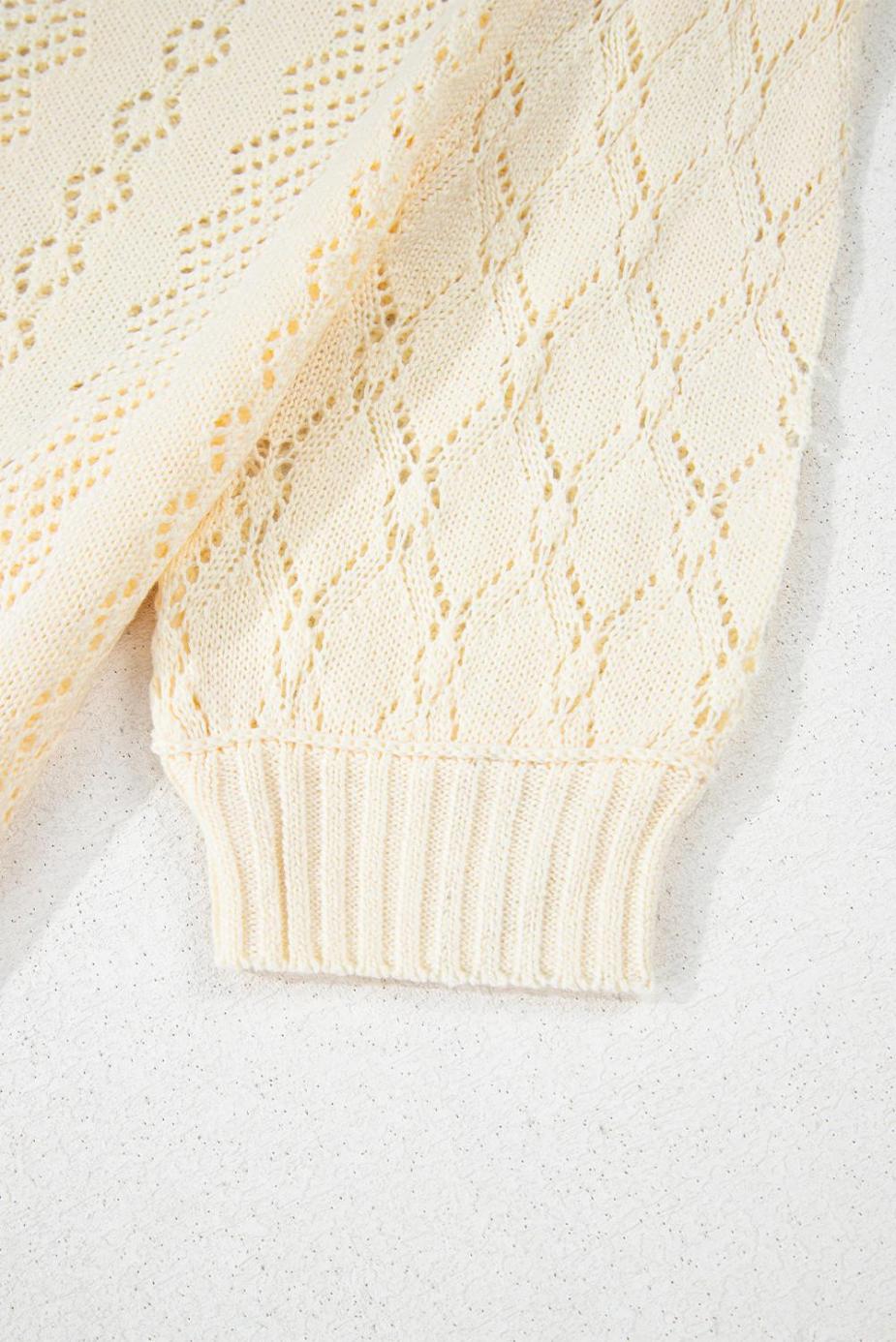 Knit Tops | Beige Hollowed Knit Plain Puff Sleeve Top - Women