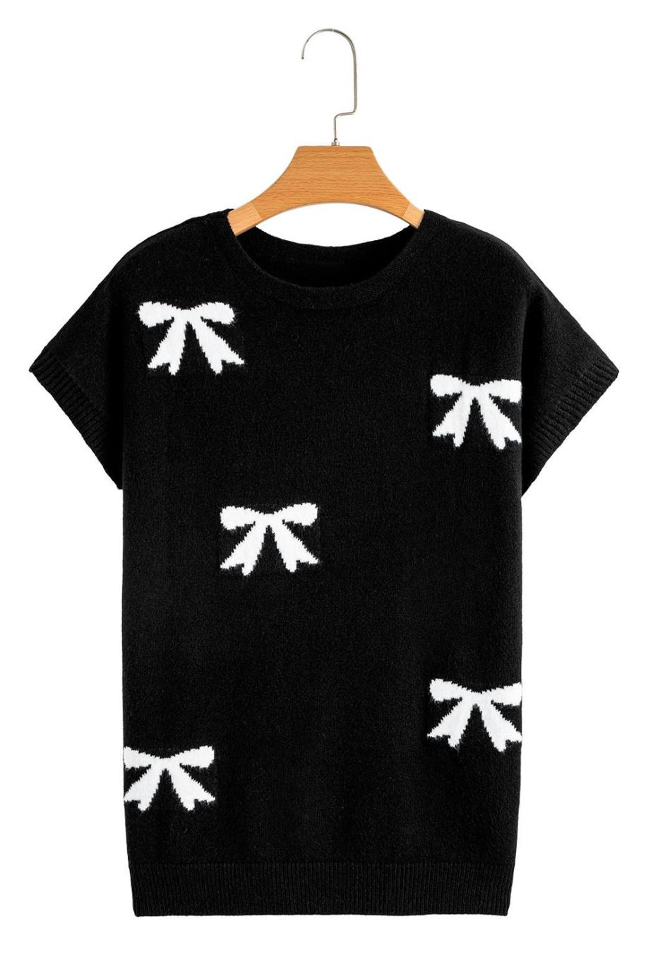 Knit Tops | Black Bow Pattern Short Sleeve Knit Top - Women