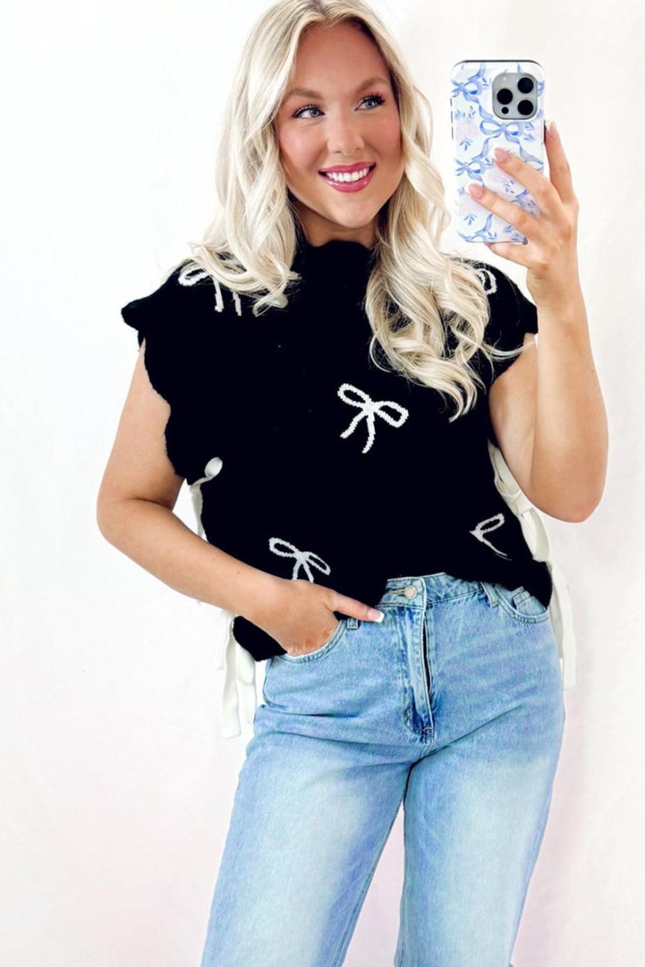 Knit Tops | Black Bow Print Side Tie Scalloped Hem Knit Top - Women