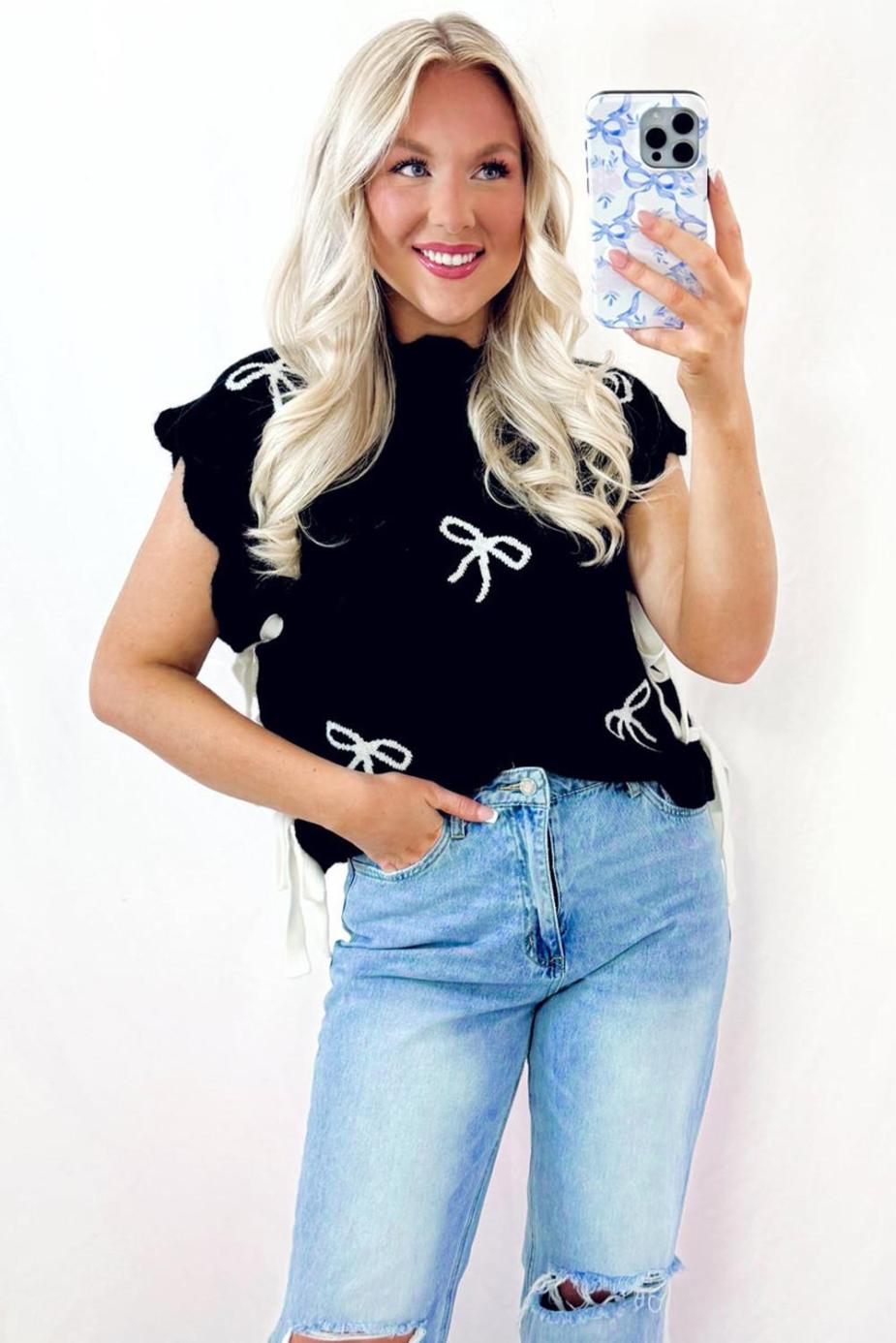 Knit Tops | Black Bow Print Side Tie Scalloped Hem Knit Top - Women