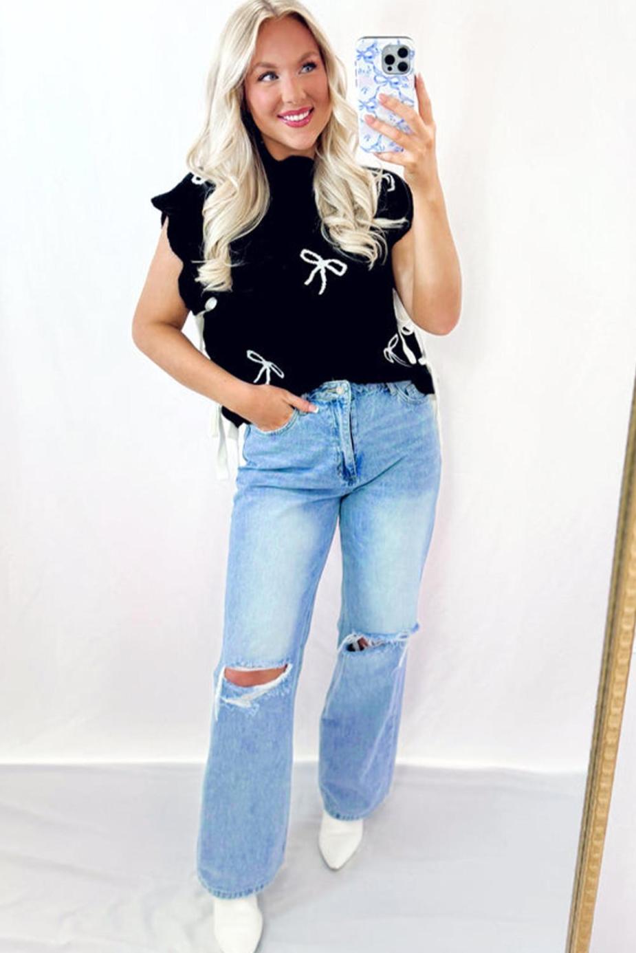 Knit Tops | Black Bow Print Side Tie Scalloped Hem Knit Top - Women