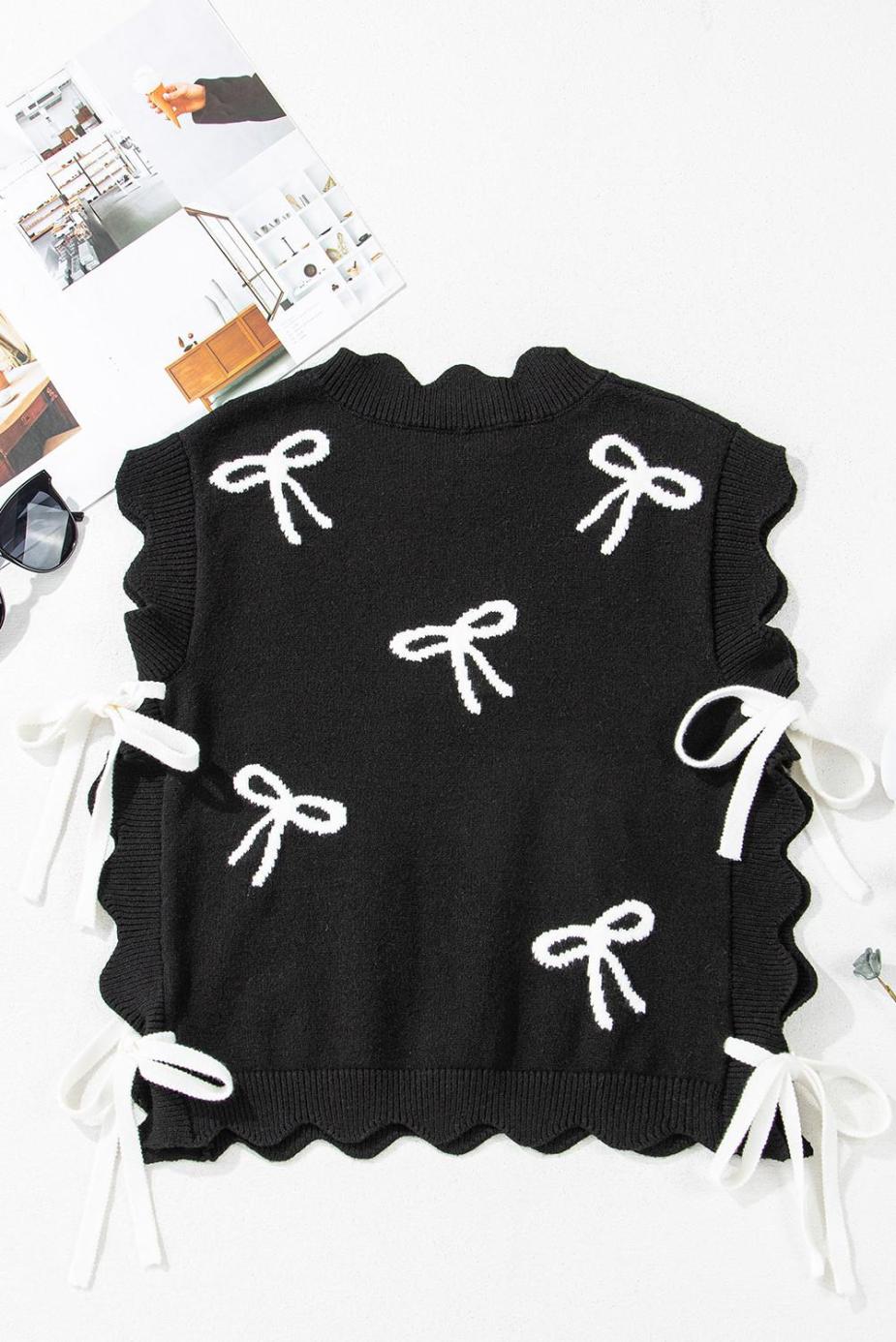 Knit Tops | Black Bow Print Side Tie Scalloped Hem Knit Top - Women