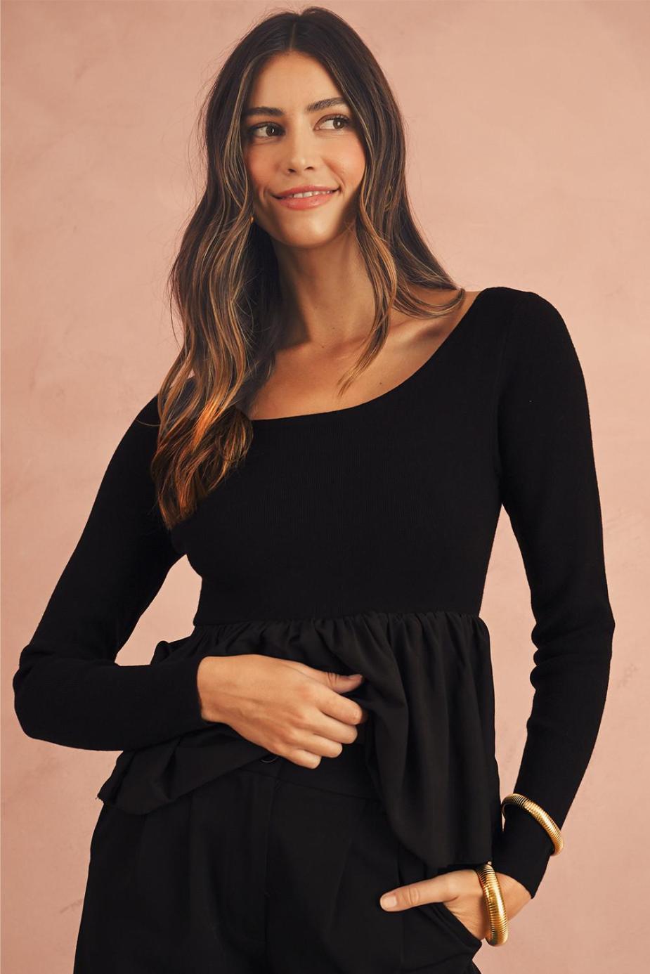 Knit Tops | Black Pleated Hem Long Sleeve Ribbed Knit Top - Women