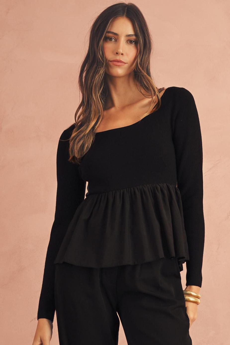 Knit Tops | Black Pleated Hem Long Sleeve Ribbed Knit Top - Women