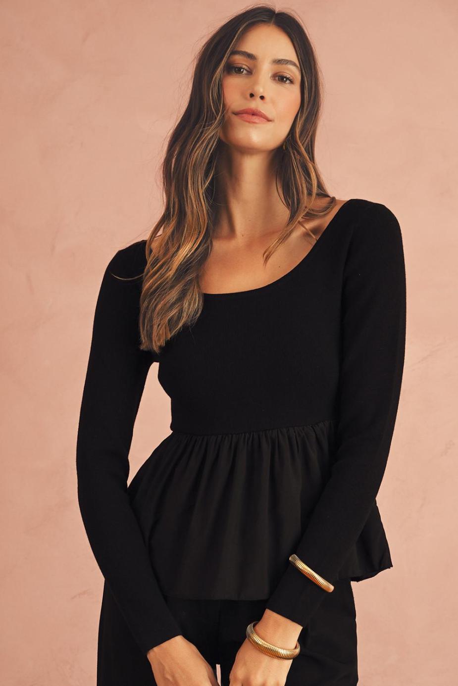 Knit Tops | Black Pleated Hem Long Sleeve Ribbed Knit Top - Women