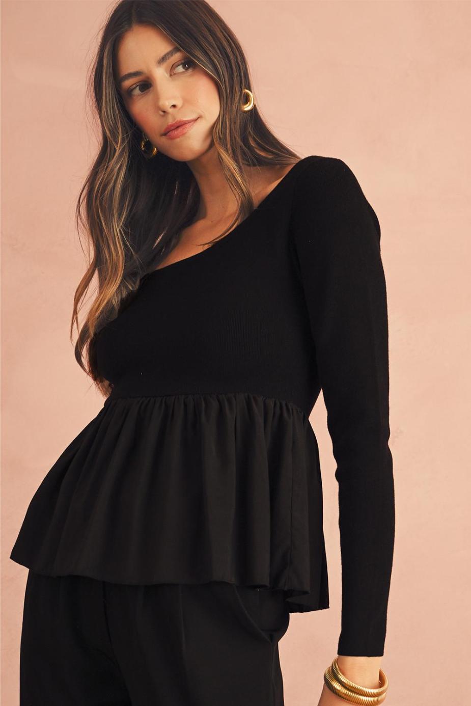 Knit Tops | Black Pleated Hem Long Sleeve Ribbed Knit Top - Women