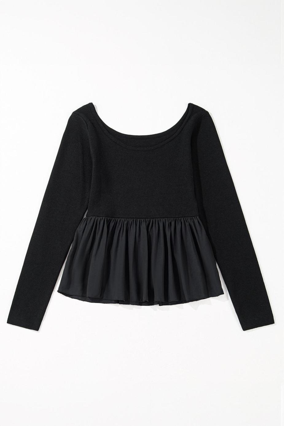 Knit Tops | Black Pleated Hem Long Sleeve Ribbed Knit Top - Women