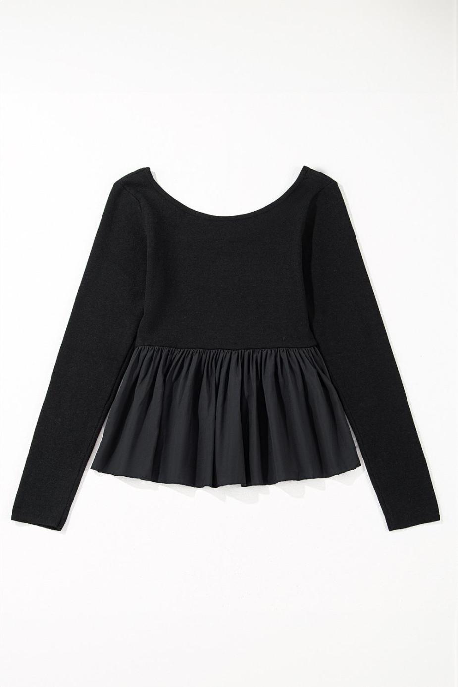 Knit Tops | Black Pleated Hem Long Sleeve Ribbed Knit Top - Women