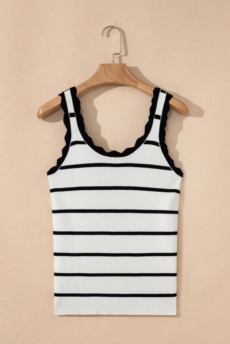Knit Tops | Black Scalloped Edge Striped Ribbed Tank Top - Women