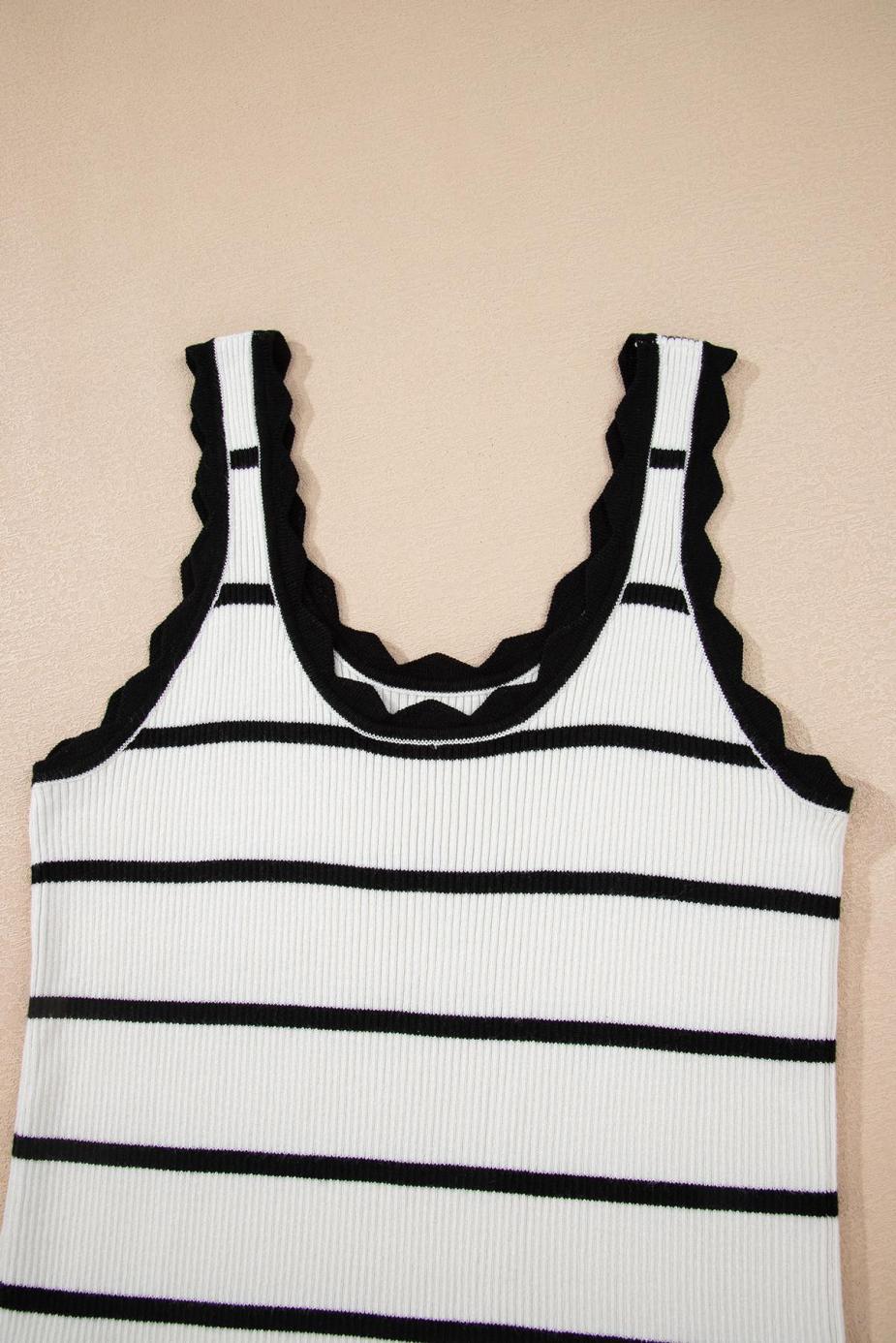 Knit Tops | Black Scalloped Edge Striped Ribbed Tank Top - Women