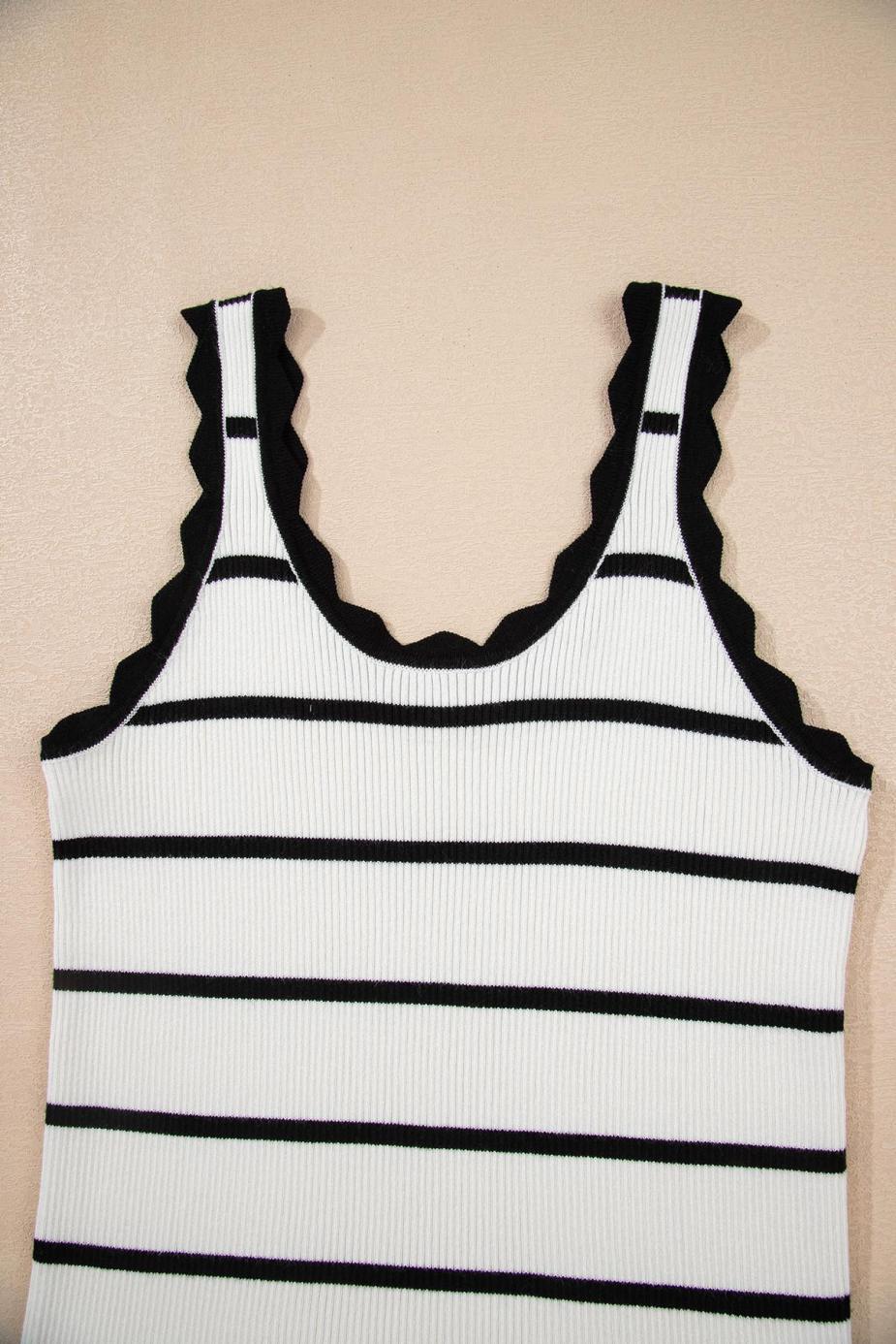 Knit Tops | Black Scalloped Edge Striped Ribbed Tank Top - Women