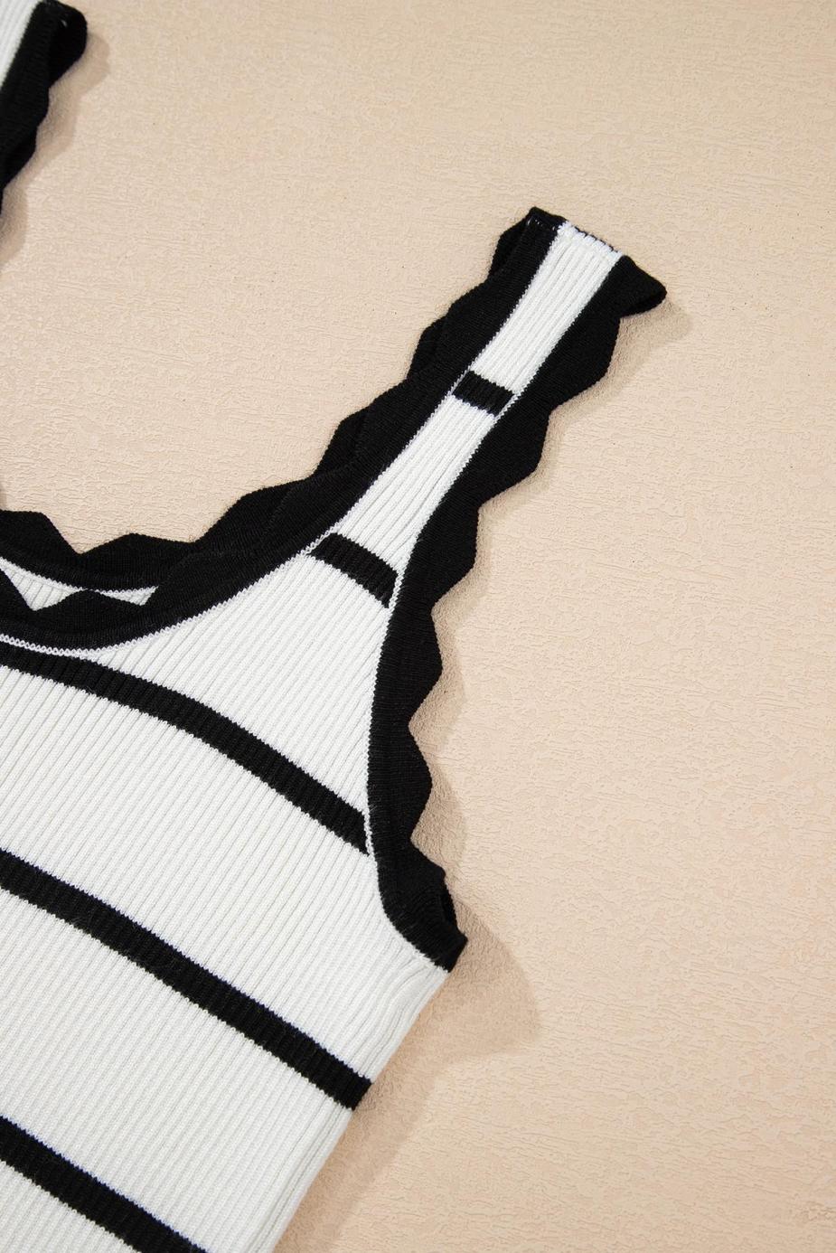 Knit Tops | Black Scalloped Edge Striped Ribbed Tank Top - Women