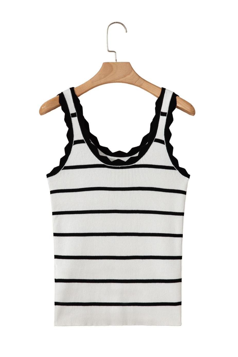 Knit Tops | Black Scalloped Edge Striped Ribbed Tank Top - Women