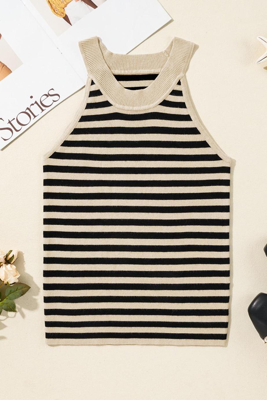 Knit Tops | Black Stripe Crew Neck Slim Fit Sweater Vest - Women