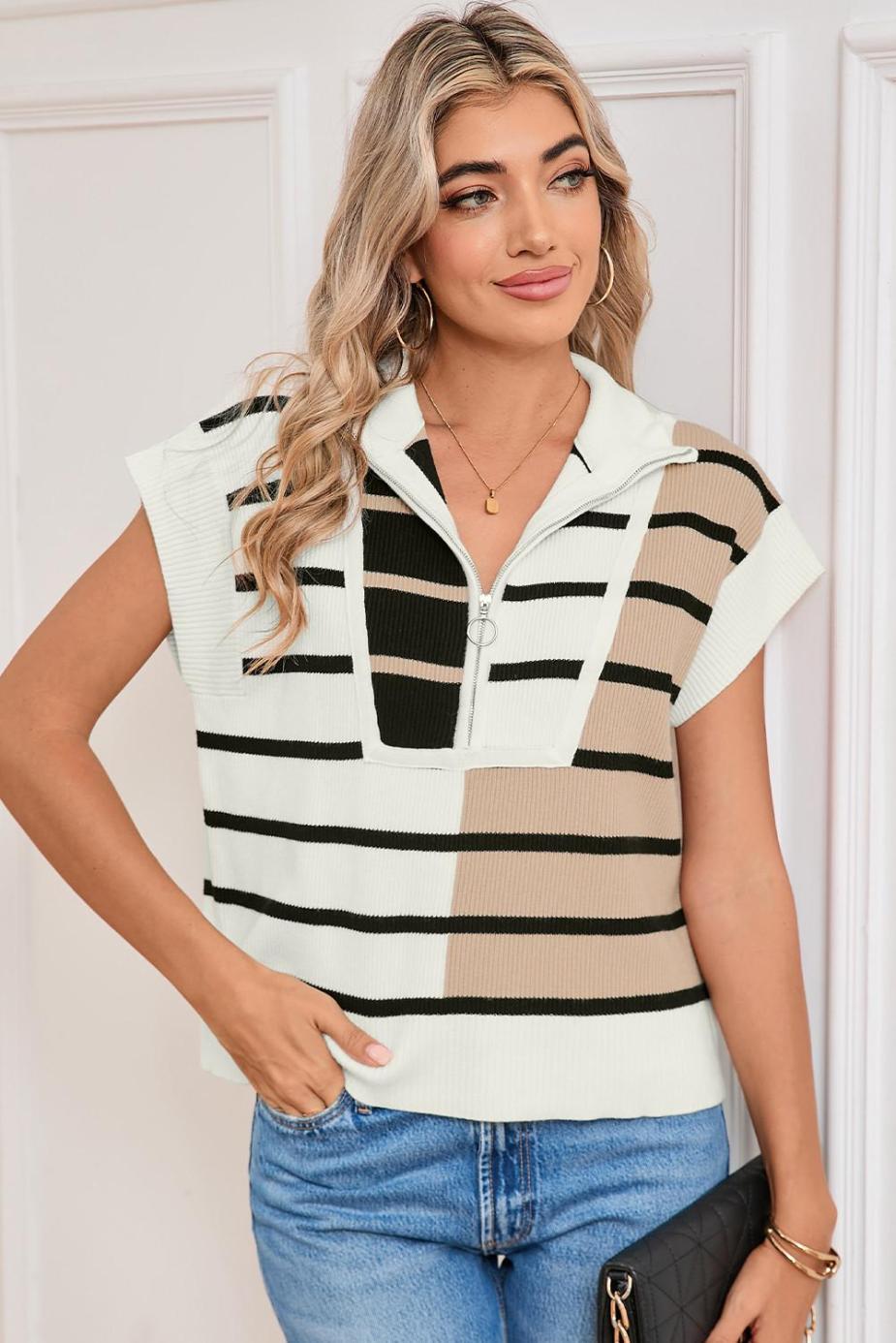 Knit Tops | Black Stripe Quarter Zip Collar Knit Vest - Women