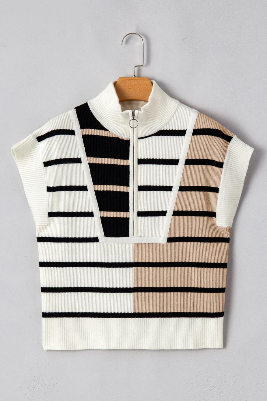 Knit Tops | Black Stripe Quarter Zip Collar Knit Vest - Women