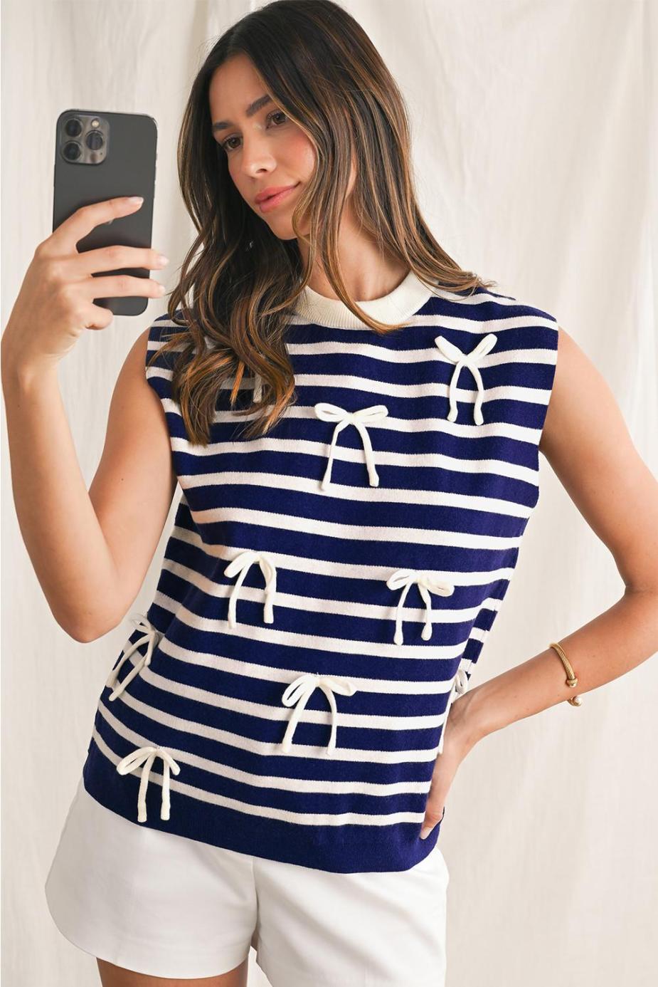 Knit Tops | Blue Striped Sweet Bow Pattern Sleeveless Knit Top - Women