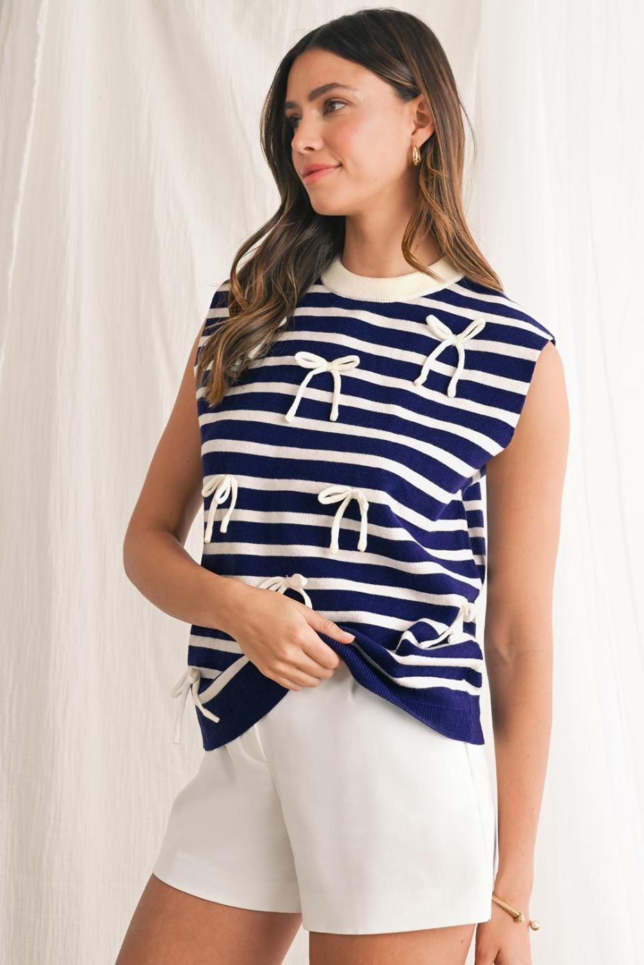 Knit Tops | Blue Striped Sweet Bow Pattern Sleeveless Knit Top - Women