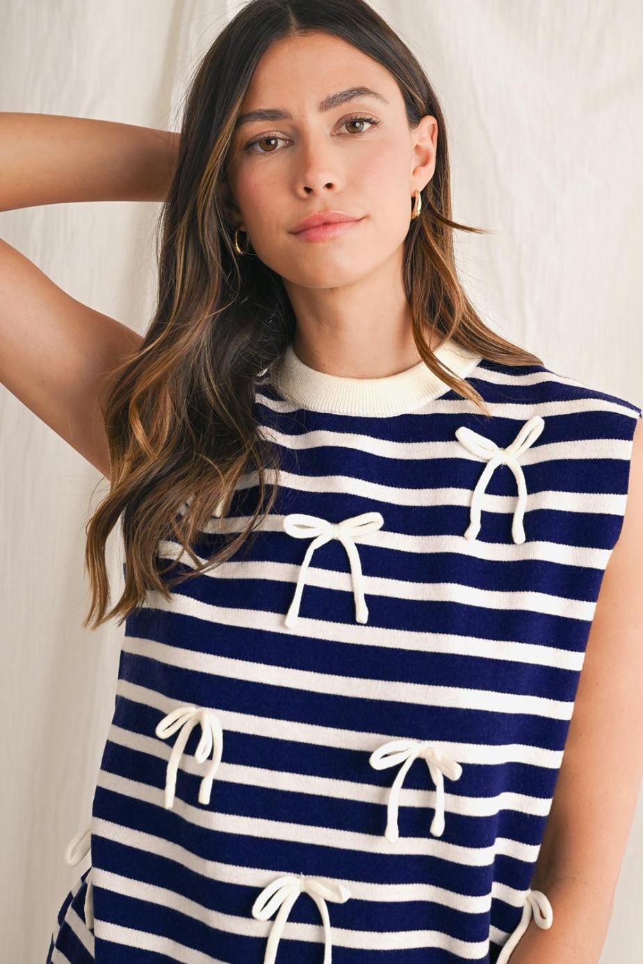 Knit Tops | Blue Striped Sweet Bow Pattern Sleeveless Knit Top - Women