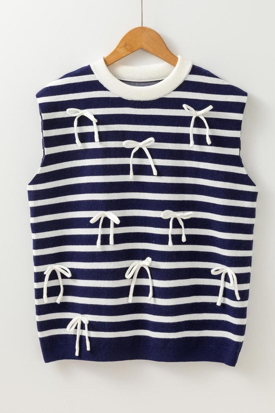 Knit Tops | Blue Striped Sweet Bow Pattern Sleeveless Knit Top - Women
