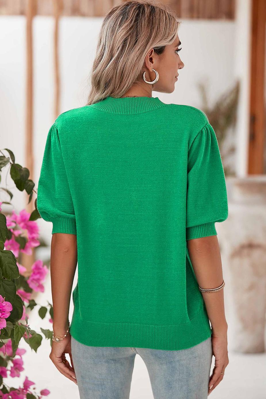 Knit Tops | Bright Green 60S Floral Bubble Short Sleeve Knitted Top - Women