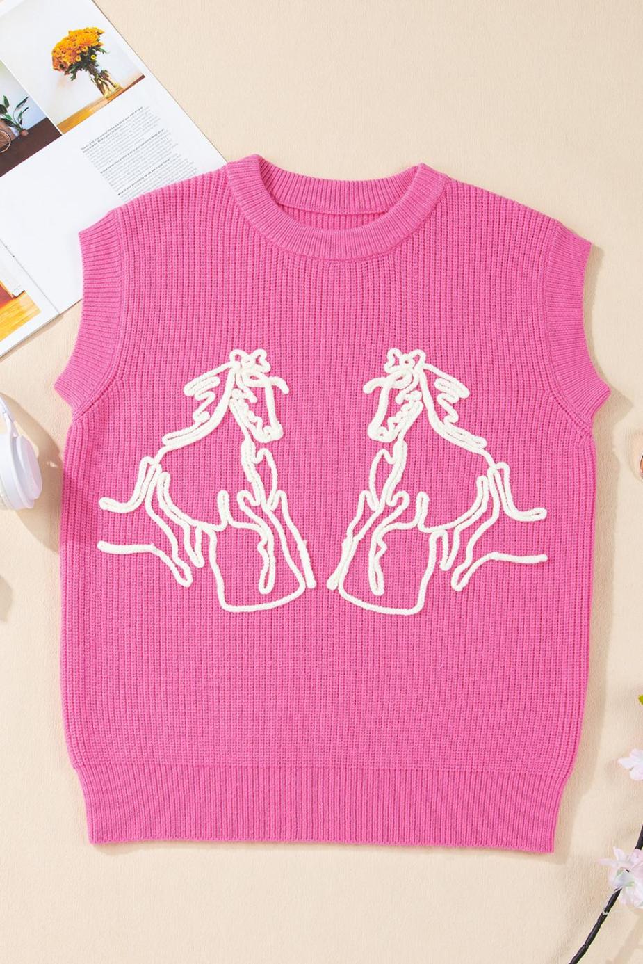 Knit Tops | Bright Pink Horse Embroidered Round Neck Knit Vest - Women