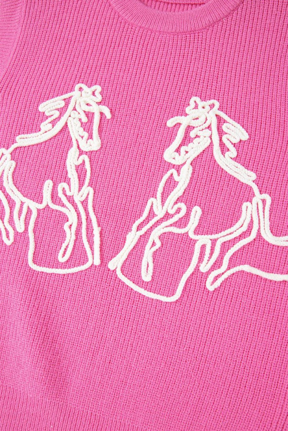 Knit Tops | Bright Pink Horse Embroidered Round Neck Knit Vest - Women