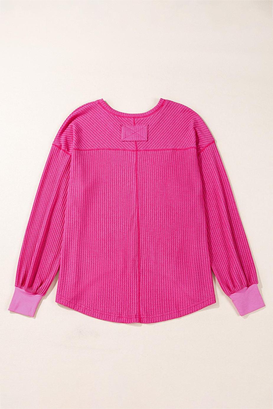 Knit Tops | Bright Pink Waffle V Neck Drop Shoulder Long Sleeve Loose Top - Women